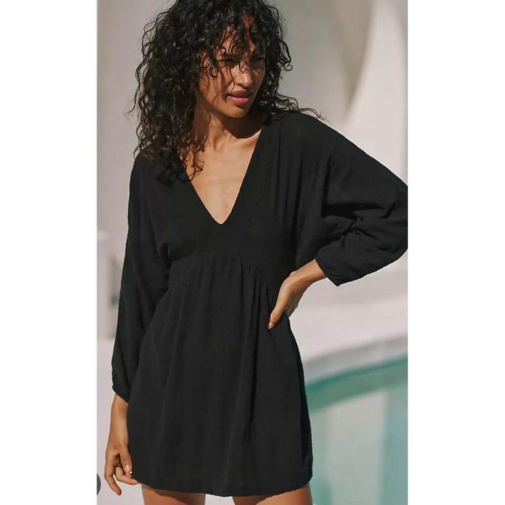 Malai Anthro Calla‎ Black Cotton Lightweight Deep V Boho Resort Mini Dress sz L